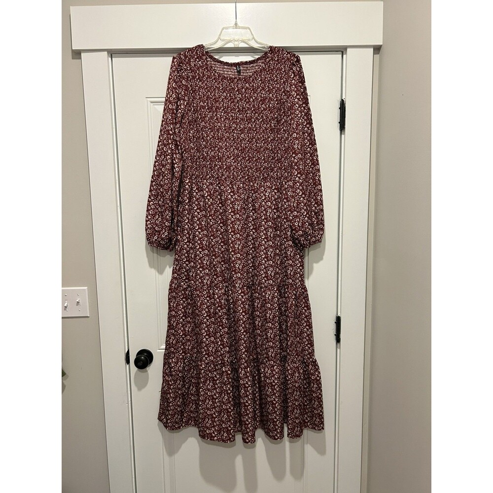 Burgundy Floral Print Long Sleeve Prairie Maxi Dress Burgundy Size 2X XXL Modest